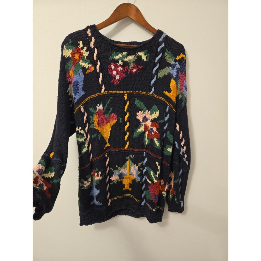 Vtg Forenza 80s Chunky Floral Knit Sweater L Shoulder Pads Cottage Granny Cotton